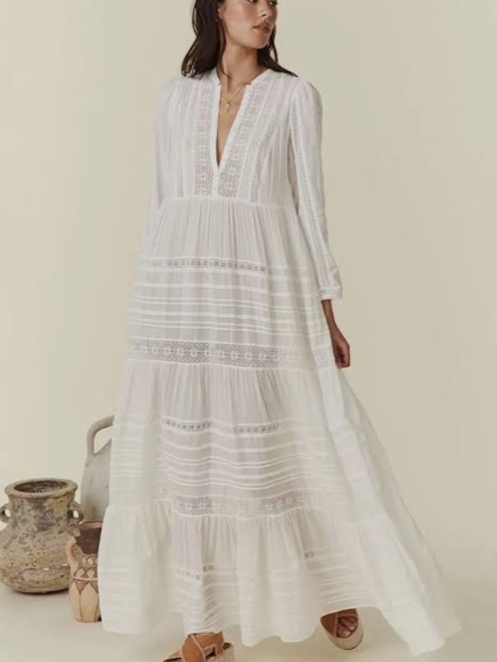 Spell Cream V-Neck Long Sleeve Tiered Maxi Dress